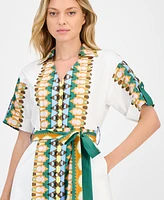 T Tahari Women's Printed Elbow-Sleeve Tie-Waist Split-Neck Midi Dress