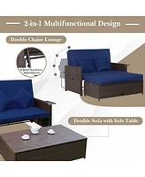 Gymax Rattan Loveseat Set Daybed Lounge w/ Storage Ottoman Side Tables Adjust Patio