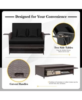Gymax Rattan Loveseat Set Daybed Lounge w/ Storage Ottoman Side Tables Adjust Patio