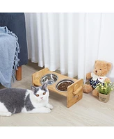 Bingopaw Adjustable Cat Bowl Set,Stainless Steel Bowls w/Bamboo Stand, 4 Height & Angle Positions for Cats/Kittens/Small Pets