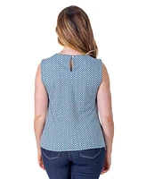 24seven Comfort Apparel Petite Blue Print Pleated Crew Neck Back Closure Sleeveless Top