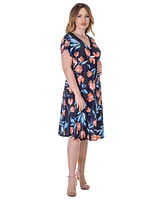 24seven Comfort Apparel Petite Tulip Print Empire Waist Kimono Cap Sleeve Knee Length Dress