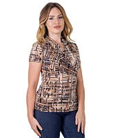 24seven Comfort Apparel Petite Brown Print Short Sleeve V-Neck Wrap Top