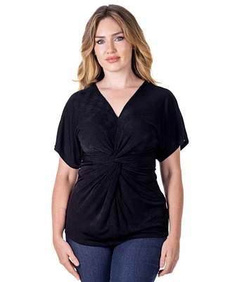 24seven Comfort Apparel Petite V-Neck Knot Front Kimono Sleeve Top