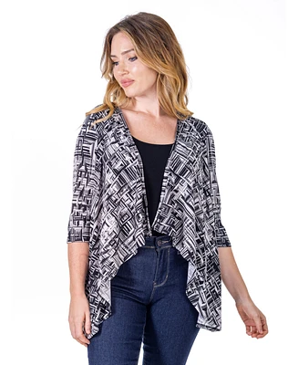 24seven Comfort Apparel Petite Black Print Elbow Length Sleeve Open Cardigan Jacket