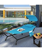Gymax Chaise Lounge Bed w/ Detachable Sunshade Canopy Hammock Rustproof Metal Stand