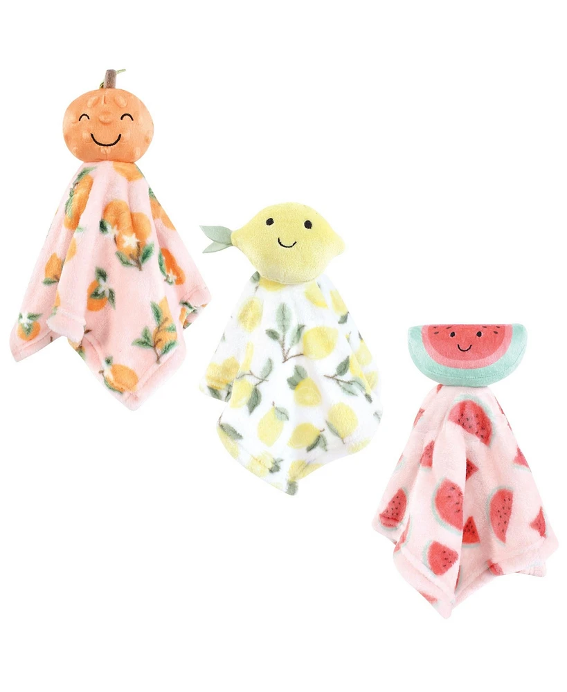 Hudson Baby Infant Girls Animal Face Security Blanket 3-Pack, Fruits, One Size