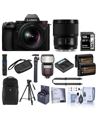 Panasonic Lumix S5II Mirrorless Camera, Black, with Lumix S 20-60mm f/3.5-5.6 and 50mm f/1.8 Lens, Bundle with Flash, 128GB Memory Card, Backpack, 2x