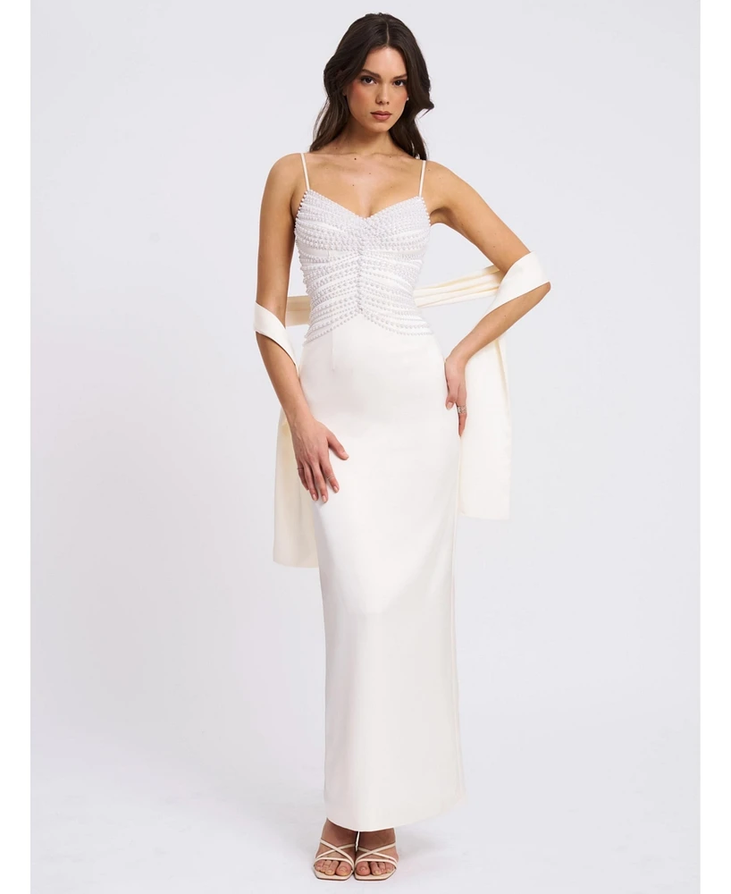 Miss Circle Women's Karmen Pearl Top Pencil Slip Gown with Scarf