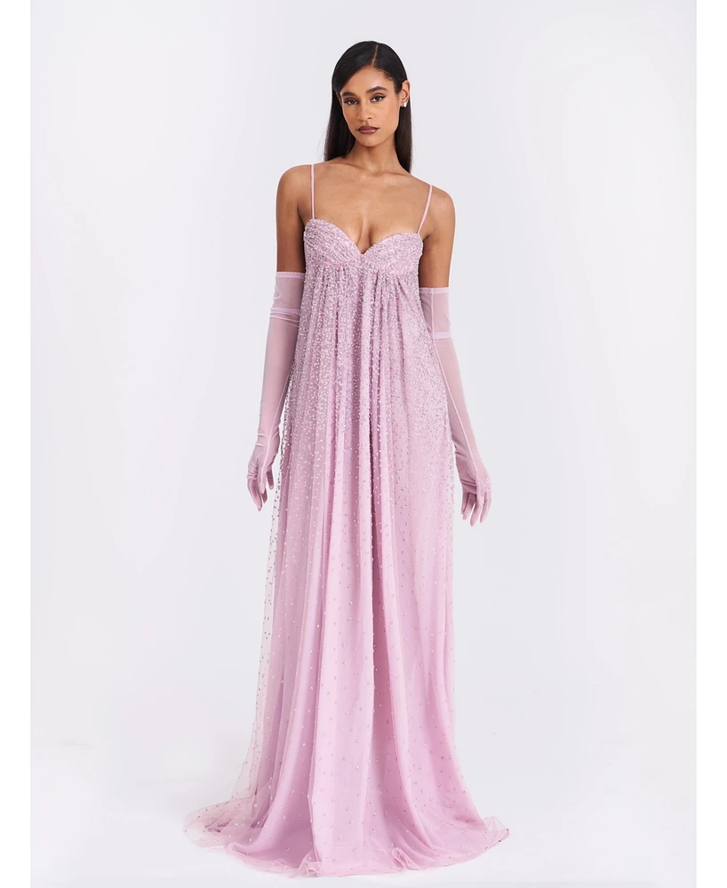 Miss Circle Women's Wallie Pink Rhinestone Embellished Mesh Backless Gown