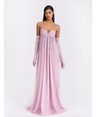 Miss Circle Women's Wallie Pink Rhinestone Embellished Mesh Backless Gown