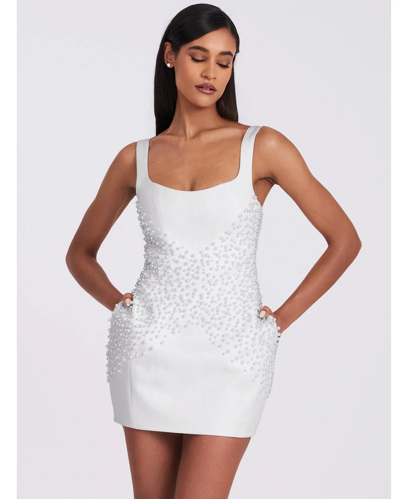 Miss Circle Women's Tais Pearl Beaded Cocoon Shape Sleeveless Mini Dress