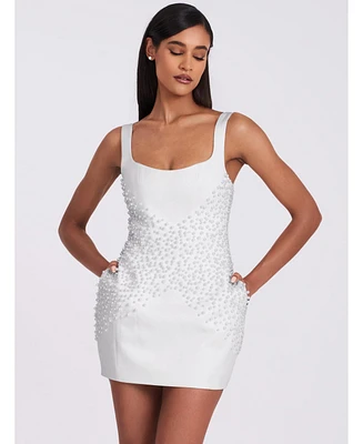 Miss Circle Women's Tais Pearl Beaded Cocoon Shape Sleeveless Mini Dress