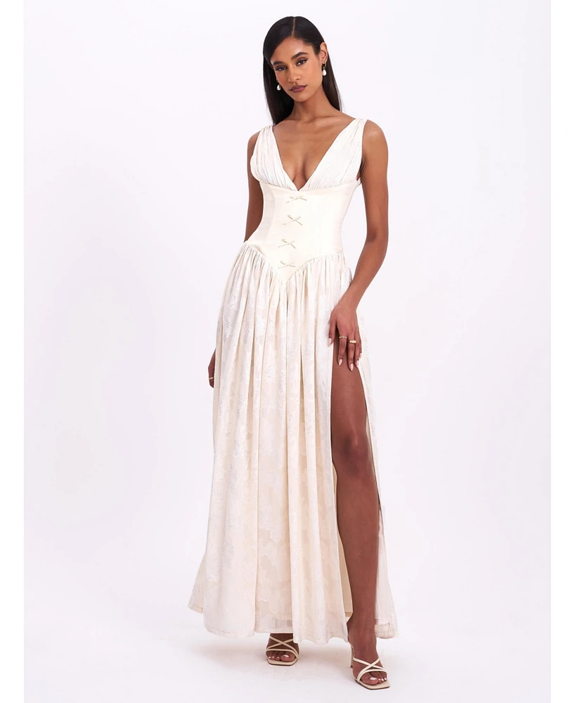 Miss Circle Women's Sabrina Butter Yellow High Slit Jacquard Maxi Dress