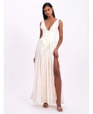 Miss Circle Women's Sabrina Butter Yellow High Slit Jacquard Maxi Dress