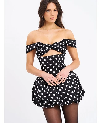 Miss Circle Women's Umika Black Polka Dots Bubble Hem Mini Dress