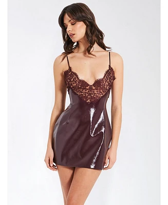 Miss Circle Women's Shelby Dark Brown Faux Leather with Lace Mini Dress