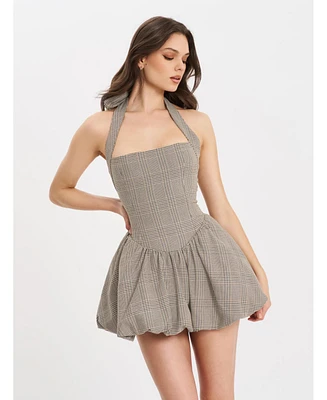 Miss Circle Women's Dacia Plaid Halter Lace-up Bubble Mini Dress