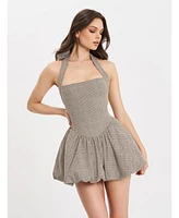 Miss Circle Women's Dacia Plaid Halter Lace-up Bubble Mini Dress
