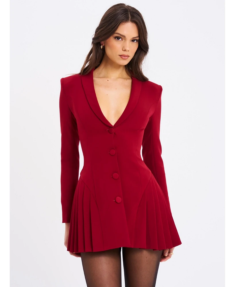 Miss Circle Women's Delia Burgundy Blazer Dress with Pleated Detail