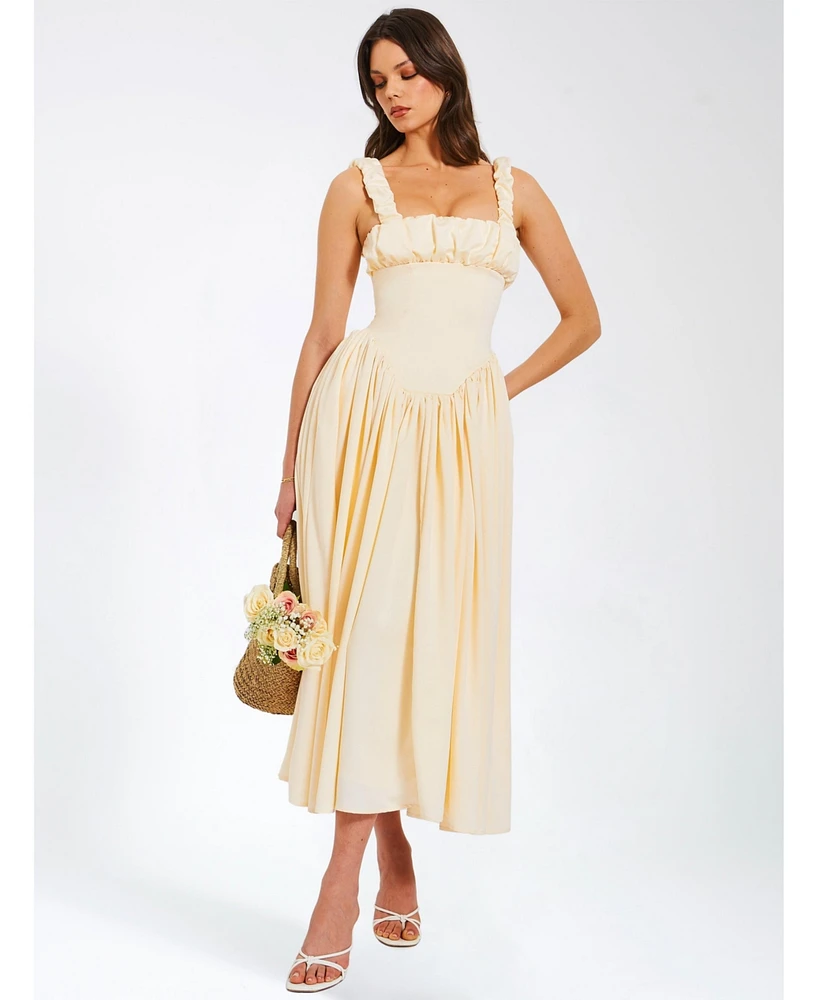 Miss Circle Women's Noreen Egg White Satin Drop Waist Maxi Sundress