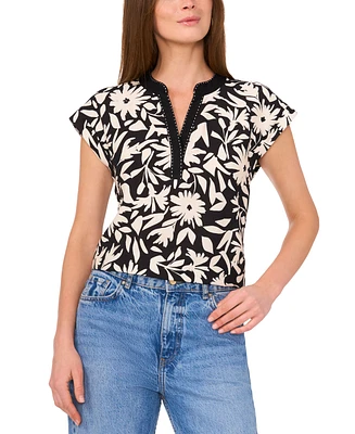 Vince Camuto Women's Floral-Print Split-Neck Cap-Sleeve Top