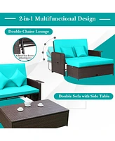 Gymax Rattan Loveseat Set Daybed Lounge w/ Storage Ottoman Side Tables Adjust Patio