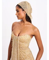 Miss Circle Women's Ada Gold Rhinestone Embellished Strapless Gown with Head Scarf