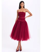 Miss Circle Women's Mabel Burgundy Drop Waist Layered Mesh Midi Puffy Dress with Bow