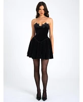 Miss Circle Women's Nora Black Velvet Drop Waist Corset Puffy Mini Dress with Lace Trim