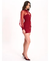 Miss Circle Women's Tabitha Burgundy Mesh Lantern Sleeve Mini Dress