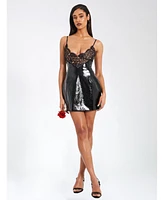 Miss Circle Women's Shelby Black Faux Leather with Lace Mini Dress