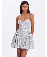 Miss Circle Women's Melody Black and White Plaid Tweed Halter Drop Waist Mini Dress
