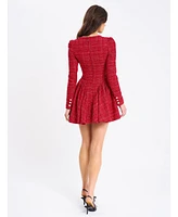 Miss Circle Women's Tae Red Tweed Long Sleeve Drop Waist Mini Dress