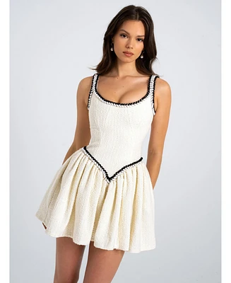 Miss Circle Women's Coco White Boucle Tweed V Waist Mini Dress