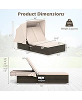Gymax 2-person Rattan Lounge Bed w/ Retractable Canopy 5-position Adjustable Backrest