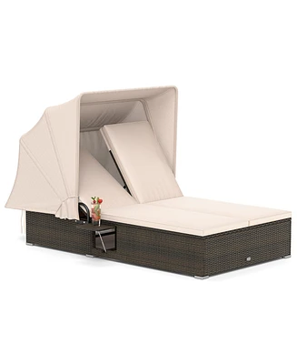 Gymax 2-person Rattan Lounge Bed w/ Retractable Canopy 5-position Adjustable Backrest