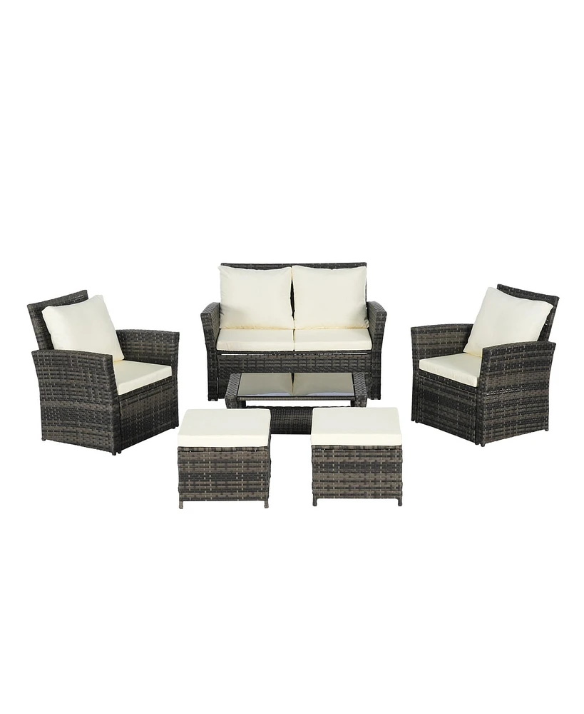 6 Piece Wicker Patio Furniture Set with Ottoman and Tempered Glass Coffee Table
