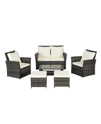 6 Piece Wicker Patio Furniture Set with Ottoman and Tempered Glass Coffee Table