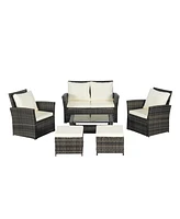 6 Piece Wicker Patio Furniture Set with Ottoman and Tempered Glass Coffee Table