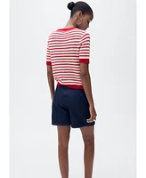 Mango Women's Striped Short Sleeve Crochet Sweater
