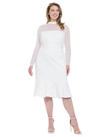 London Times Plus Beaded Illusion Mock-Neck Midi Dress