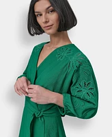 Dkny Petite Faux-Wrap Embroidered-Sleeve Fit & Flare Dress
