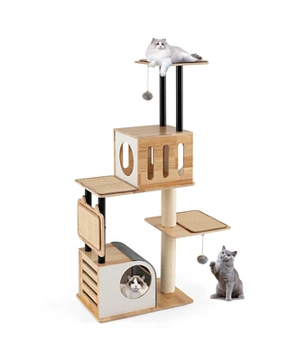 Modern Tall Cat Tower with Double Condos with Dangling Balls and Sisal Carpets