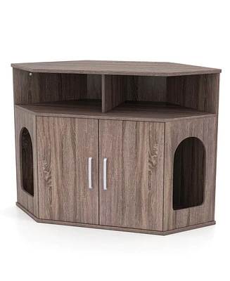 Corner Cat Litter Box Enclosure with Storage Shelves and Double Doors