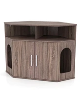 Corner Cat Litter Box Enclosure with Storage Shelves and Double Doors