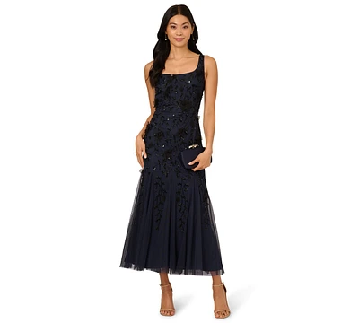 Adrianna Papell Women's Beaded Mesh Midi Dress