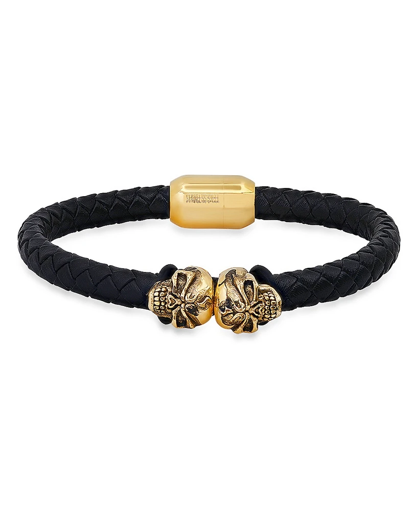 Steeltime Men's Black Braided Leather and 18K Gold-Plated Stainless-Steel Skulls Bracelet