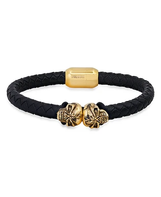 Steeltime Men's Black Braided Leather and 18K Gold-Plated Stainless-Steel Skulls Bracelet