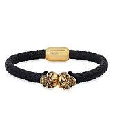 Steeltime Men's Black Braided Leather and 18K Gold-Plated Stainless-Steel Skulls Bracelet